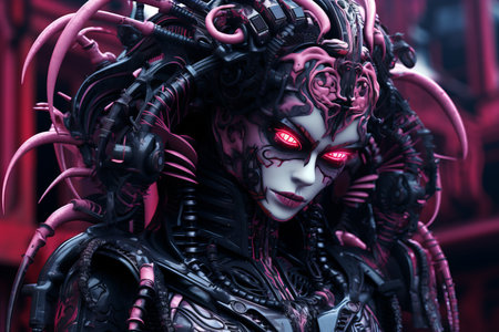 an image of a woman with pink hair and red eyesの素材