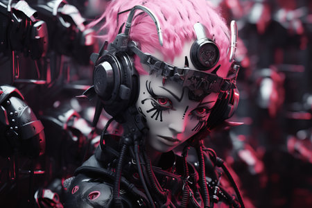 an image of a woman with pink hair and headphonesの素材