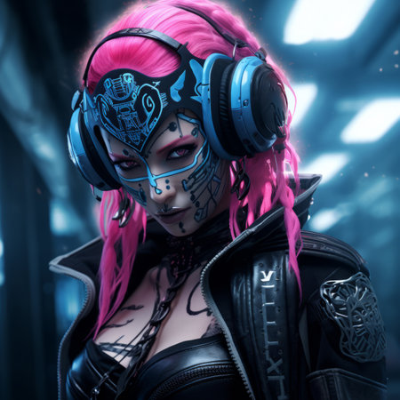 an image of a woman with pink hair and headphonesの素材