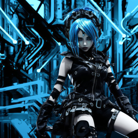 anime girl with blue hair sitting on a chairの素材