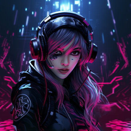 cyberpunk girl with headphones and neon lightsの素材