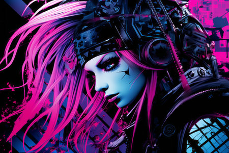 an image of a woman with pink hair and headphonesの素材