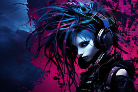 gothic girl with headphones and dark hairの素材
