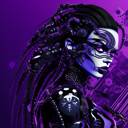cyberpunk girl with purple and black hair on a purple backgroundの素材