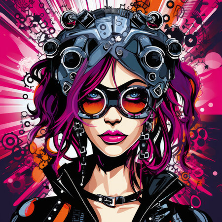 vector illustration of a girl with purple hair and glasses on a pop art backgroundの素材