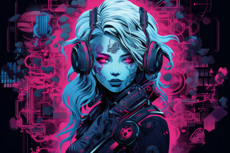 cyberpunk girl with headphones and neon lights on her faceの素材