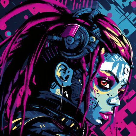 cyberpunk girl with neon hair and headphonesの素材