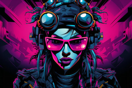 cyberpunk girl with sunglasses and goggles on a purple backgroundの素材