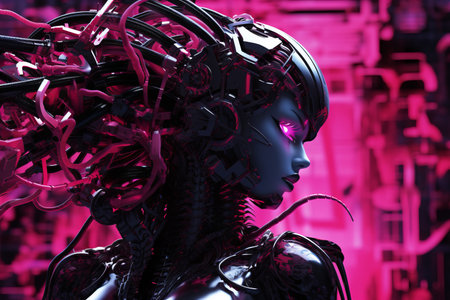 cyborg woman with pink hair in a dark roomの素材