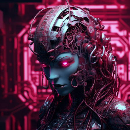 cyber woman with glowing red eyes on a dark backgroundの素材