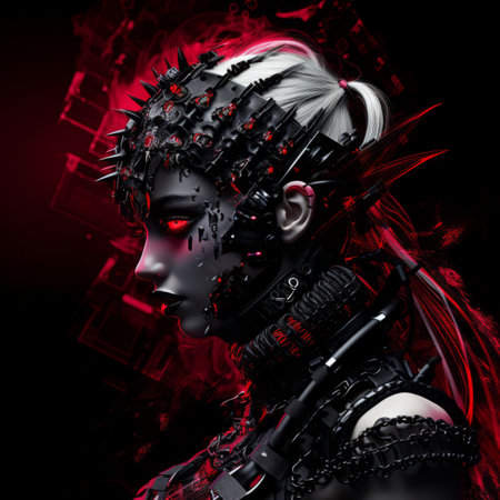 an image of a woman with red hair and spikes on her faceの素材