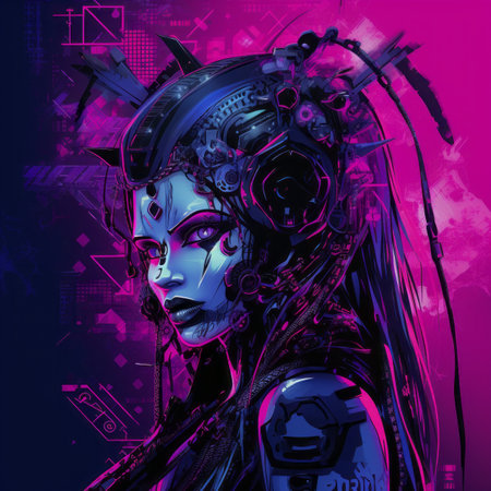 cyberpunk girl with headphones on her head on a purple backgroundの素材