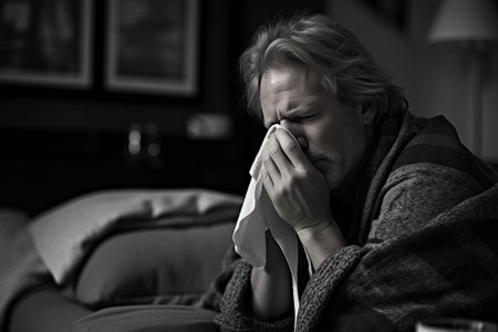 a black and white photo of a man blowing his noseの素材