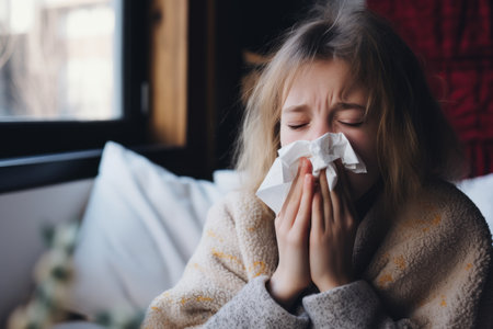 a girl blowing her nose while sitting on a bedの素材