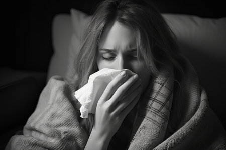 a black and white photo of a woman blowing her noseの素材