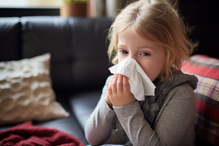 a little girl blowing her nose on a couchの素材