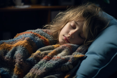 a little girl sleeping on a couch with her eyes closedの素材