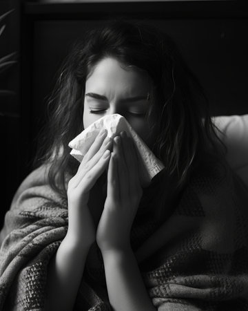 a black and white photo of a woman blowing her noseの素材