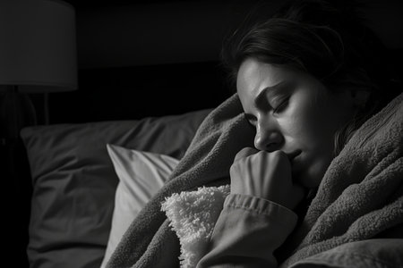 a black and white photo of a woman sleeping in bedの素材