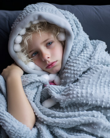 a little girl is wrapped up in a blanketの素材