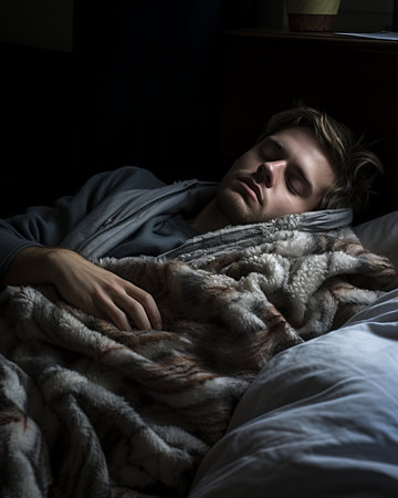 a man is sleeping in a bedの素材