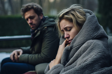 a man and woman are sitting on a bench one is wrapped in a blanketの素材