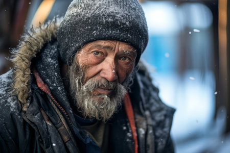 a homeless man in the winter with snow on his faceの素材