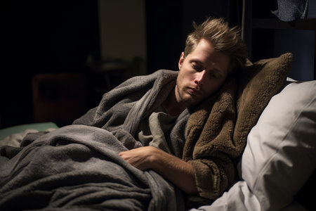 a man is wrapped in a blanket in bedの素材