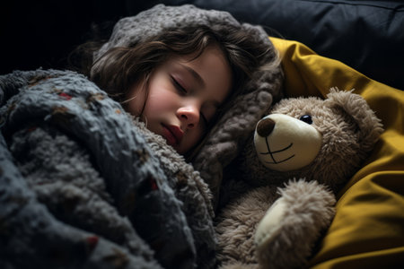 a little girl sleeping with a teddy bearの素材