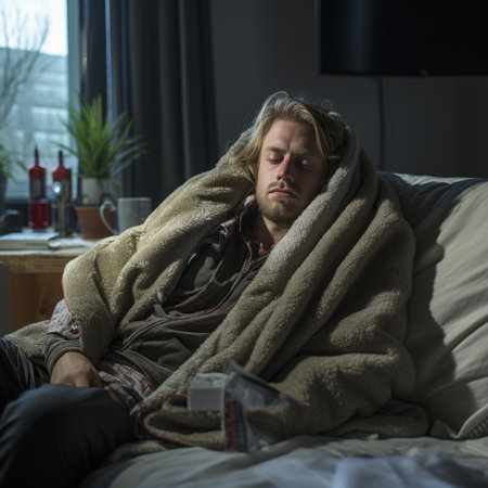 a man is wrapped in a blanket on a bedの素材