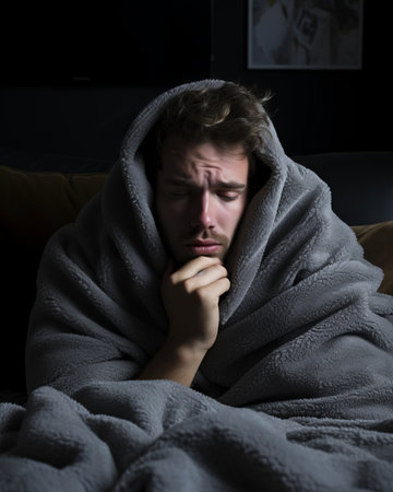 a man is wrapped in a blanket and sitting on a bedの素材