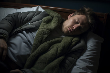 a man is sleeping in a bedの素材