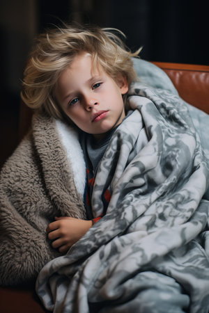 a little boy is wrapped up in a blanketの素材