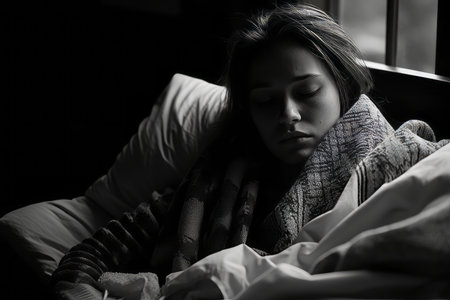 a black and white photo of a woman sleeping in bedの素材