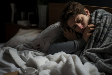 a man is wrapped up in a blanket in bedの素材