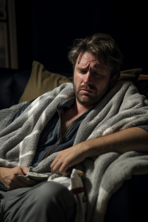 a man is wrapped in a blanket while sitting on a couchの素材