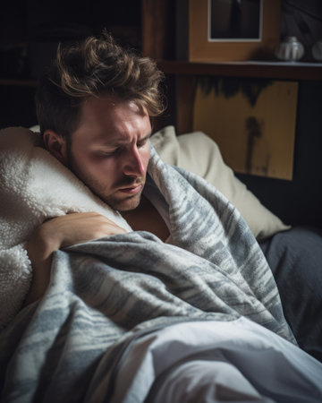 a man is wrapped up in a blanket in bedの素材