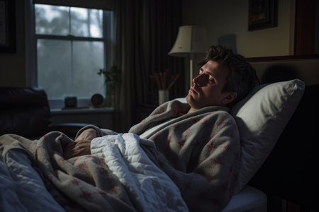 a man laying in bed with his eyes closedの素材