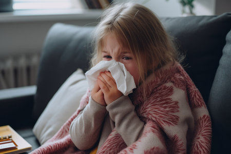 a little girl blowing her nose on a couchの素材