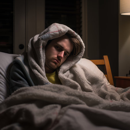 a man laying in bed with a blanket over himの素材