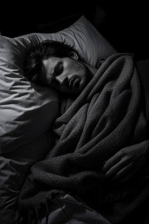 a man is sleeping in bed with a blanketの素材