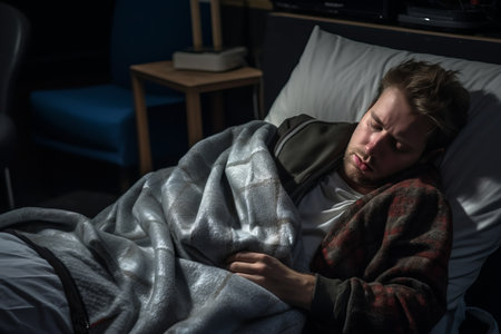 a man is sleeping in a hospital bedの素材