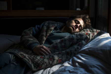 a man sleeping on a bedの素材