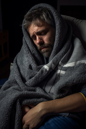 a man wrapped in a blanket is sitting on a couchの素材