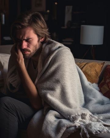 a man wrapped in a blanket sitting on a couchの素材