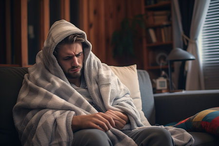 a man wrapped in a blanket sitting on a couchの素材