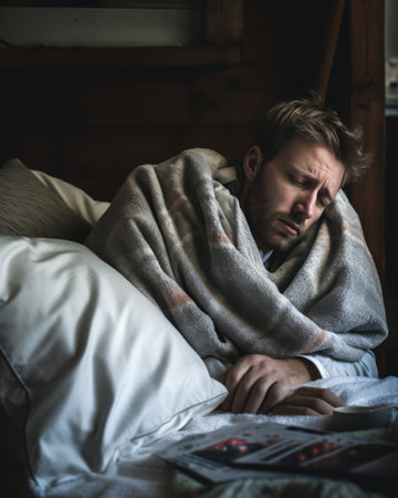a man is wrapped up in a blanket on a bedの素材