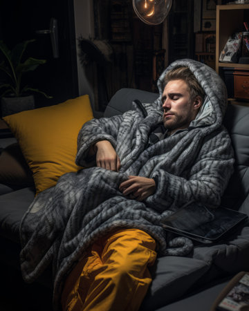 a man is wrapped up in a blanket and sitting on a couchの素材