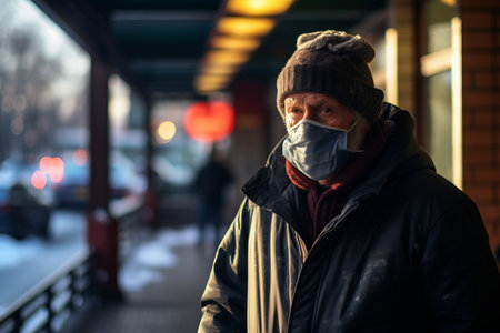 a man wearing a face mask on a train platformの素材