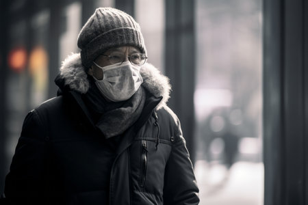 a man wearing a face mask walks down the streetの素材
